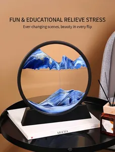 Detailed view of a circular blue moving sand art decor placed on a modern side table