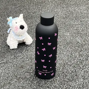 Bouteille isotherme en acier inoxydable noir mat avec jolis motifs de nœuds roses