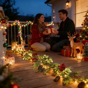 Dekorative Weihnachtsgirlande mit warmen LED-Lichtern Beeren und Zapfen auf Deck