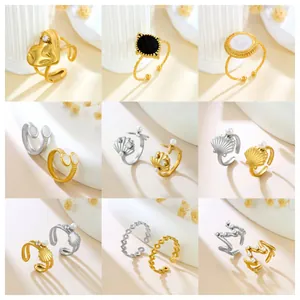 Detailed collage of gold and silver stainless steel open rings with various charms and pearls