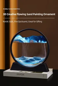 Detailed macro view of 3D flowing sand painting ornament with blue landscape art
