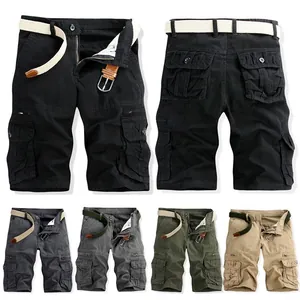 Men's heavy-duty cotton cargo shorts with multiple pockets shown in five colors