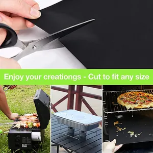 Black non-stick BBQ grill mat used in oven and outdoor grilling scenes