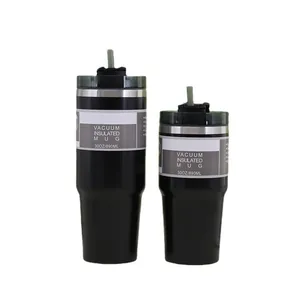 Schwarze 30oz vakuumisolierte Edelstahl-Thermobecher mit praktischem Strohhalm