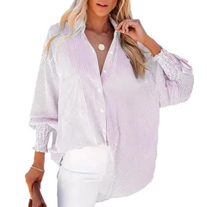 Women's oversized vertical striped long sleeve shirt, stylish beach cover up blouse white