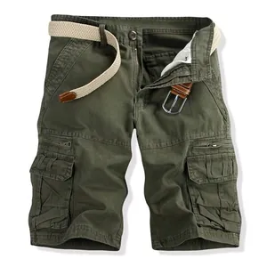 Front view of durable men's army green multi-pocket cargo shorts with a woven belt included.