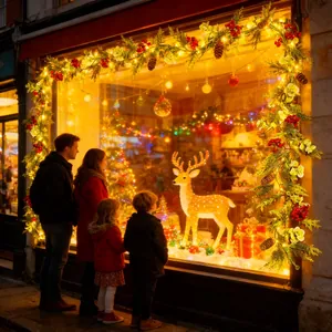 Festliche Weihnachtsgirlande mit roten Beeren und Zapfen zur Schaufensterdekoration.
