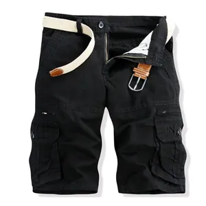 Detailed view of men's black cotton cargo shorts featuring multi-pockets and a woven belt