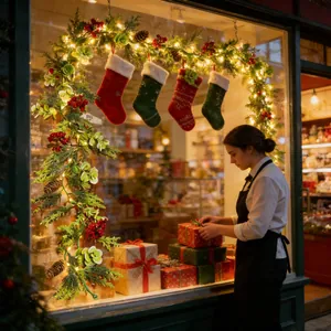 Detail der künstlichen Weihnachtsgirlande mit LED-Lichterkette in einer festlichen Vitrine.