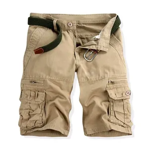 Detailed view of men's khaki cotton cargo shorts featuring multiple pockets and a green belt.