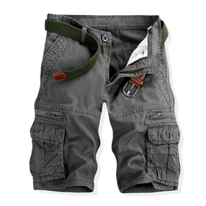 Detail of grey men's cotton cargo shorts featuring multi-pocket design and woven belt.