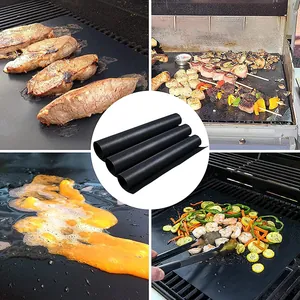 Collage showing reusable non-stick BBQ grill mats in various outdoor cooking scenarios