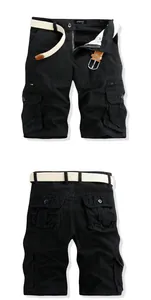 Detailed front and back views of men's black cotton cargo shorts with belt and pockets