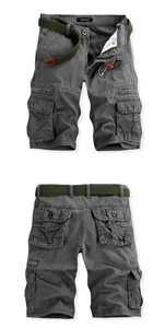 Detailed front and back views of men's dark grey cargo shorts with multi-pockets and belt