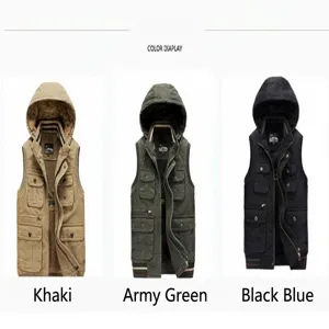 Men's fleece hooded cargo vest shown in khaki, army green, and dark blue options
