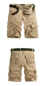 Front and back detail of khaki men's cotton cargo shorts with green web belt