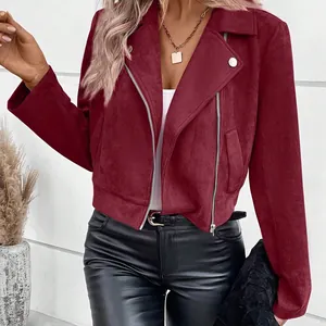 Stylish burgundy faux suede short biker jacket for women, autumn winter fashion style
