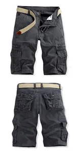 Detailed view of men's dark grey cotton cargo shorts with multi-pockets and belt
