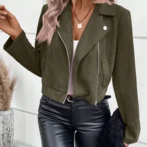 Trendy women's faux suede biker jacket in olive green, stylish short fall outerwear coat