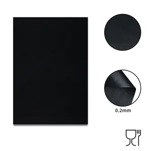 Black non-stick Teflon BBQ grill mat with 0.2mm thickness and food-grade safe symbol.