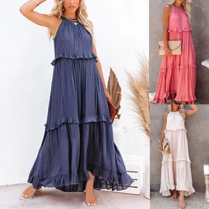 Bohemian summer sleeveless tiered maxi dress with ruffles in navy, pink and beige