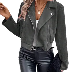 Chic women's faux suede motorcycle jacket in dark grey trendy short slim fit outerwear