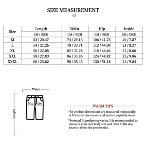 Tabella delle taglie dettagliata per pantaloncini casual da uomo in unità CM e pollici