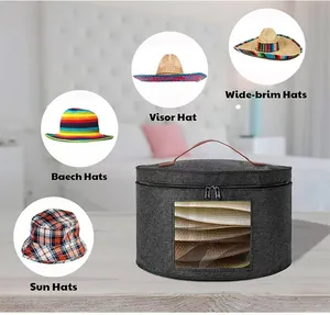 Large felt hat storage box with transparent window and handle for travel