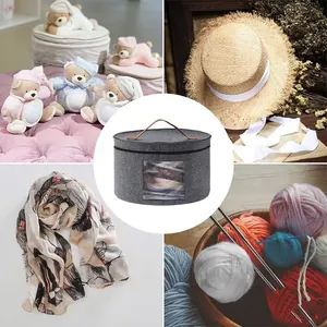Round felt storage bin showing multi-purpose use for hats, yarn, and plush toys