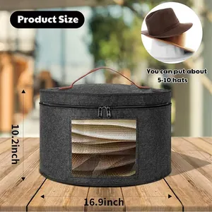 Detail view of large grey felt hat storage bag showing specific 16.9x10.2 inch dimensions