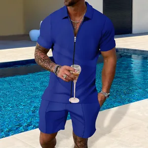 Completo estivo da uomo in maglia a nido d'ape blu reale con polo e pantaloncini