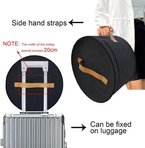 Detail showing felt hat bag with side straps and luggage handle attachment capability.