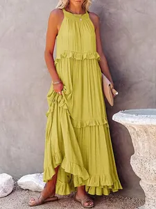 Summer elegant yellow tiered ruffle maxi dress for women featuring a flowy floor length design