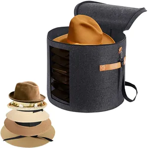 Large felt hat storage box with transparent window and shoulder strap for travel