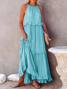 Elegant light blue sleeveless halter neck tiered ruffled maxi dress for summer