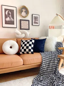 Close-up view of black and white checkerboard and white round plush pillows on sofa