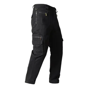 Side view of black multi-pocket cargo pants for men in breathable pure cotton