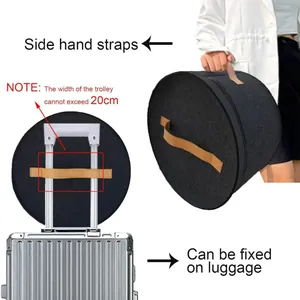Large portable black felt hat storage bag with side handle and luggage sleeve for travel