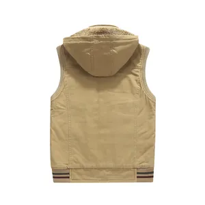 Men's khaki fleece-lined hooded cargo vest, back view featuring striped ribbing at hem