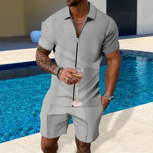 Completo uomo grigio nido d'ape 2 pezzi con polo con zip e pantaloncini abbinati