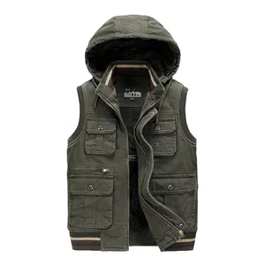 Men's olive green hooded fleece-lined cargo vest with multiple functional pockets