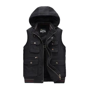 Men's premium black fleece-lined hooded cargo vest with multiple pockets for outdoors