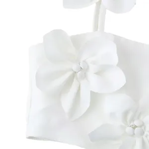 Elegant pure white cropped tube top featuring large 3D fabric flower decorations for women