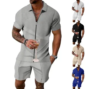 Completo estivo casual da uomo in maglia waffle con polo a maniche corte e pantaloncini