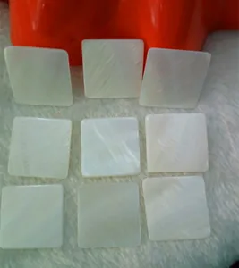 Detail view of square mother-of-pearl shell tiles with natural pearlescent texture for DIY crafts