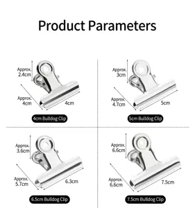 Detailed dimensions for four different sizes of stainless steel metal binder clips