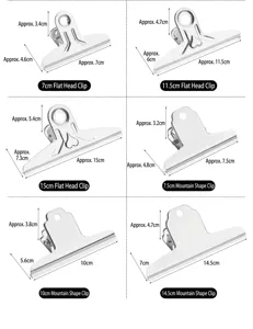 Detailed dimension chart for various stainless steel mountain and flat head clips for office use