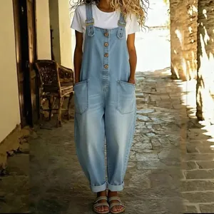 Women's American vintage loose fit washed light blue denim overalls with front buttons