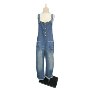Classic vintage washed loose denim overalls for women with wooden button detail and front pockets