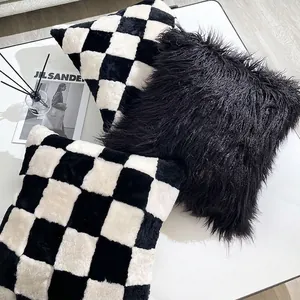 Modern Minimalist Checkerboard Plush Pillow Case Faux Rabbit Fur Cushion Cover Soft Geometric Decorative Sofa Pillow